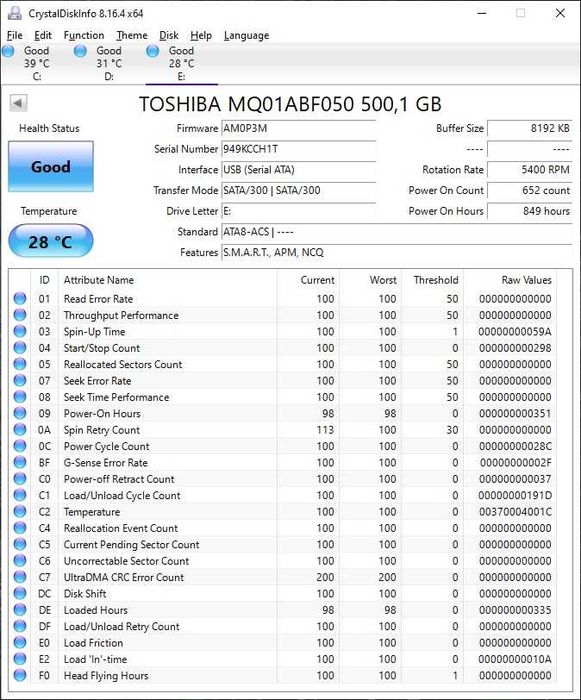 500GB TOSHIBA HDD hard disk laptop 2.5 inch 5400 RPM - DOAR 850 ORE