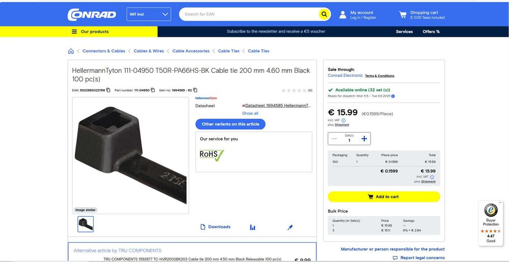 Coliere de cablu HellermannTyton 111-04950 – 200x4.6 mm