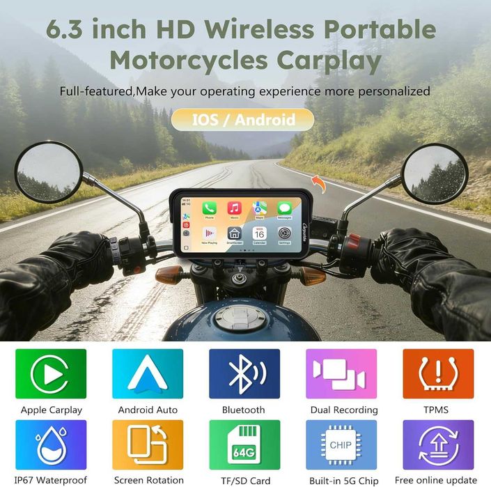 Carpuride W603DT за мотоциклет с CarPlay, Android Car и TPMS
