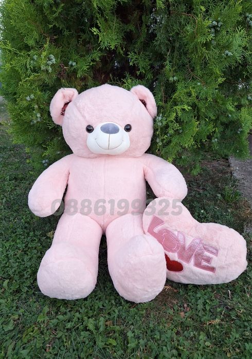 Голямо плюшено Мече, Розово 100см + Подарък плюшена възглавница Сърце