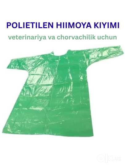 Polietilen himoya xalat, uzun yengli, suv o'tkazmaydigan