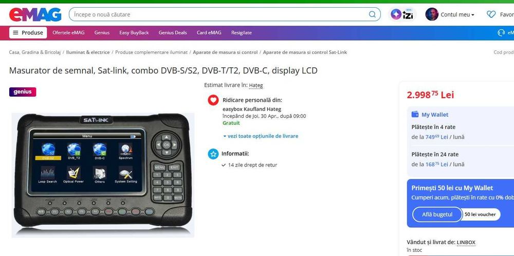 Masurator de semnal Sat-link combo DVB-S/S2, DVB-T/T2, DVB-C, display LCD