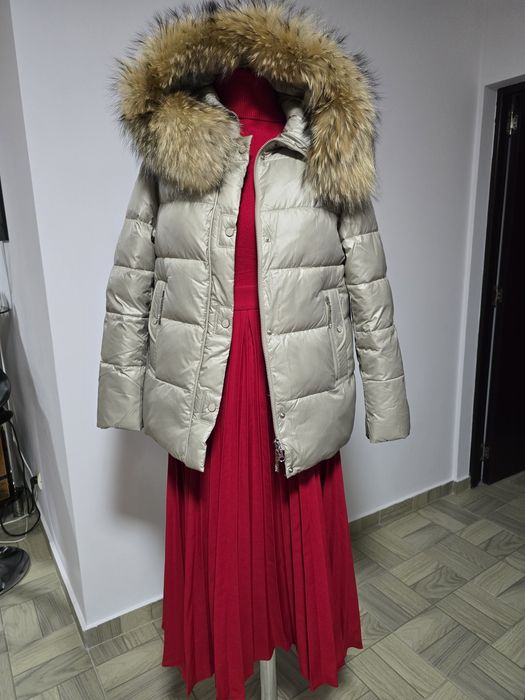 Geaca cu blana naturala de vulpe, interior bio puf de gasca