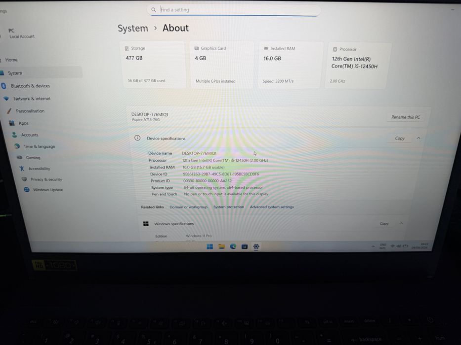 Acer Aspire 7 / Intel i5-12450H / RTX 2050 /CreativAmanet