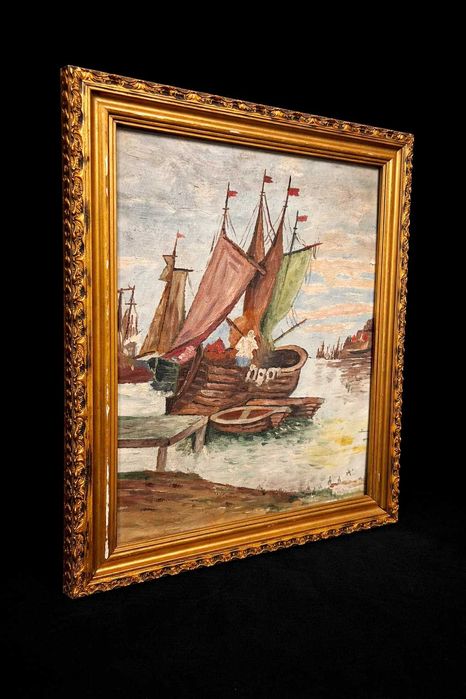 Pictură in ulei pe carton – peisaj marin cu corăbii secolul XX