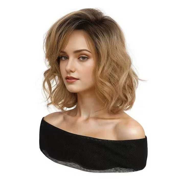 Асиметрична чуплива пшенично руса перука с тъмни корени