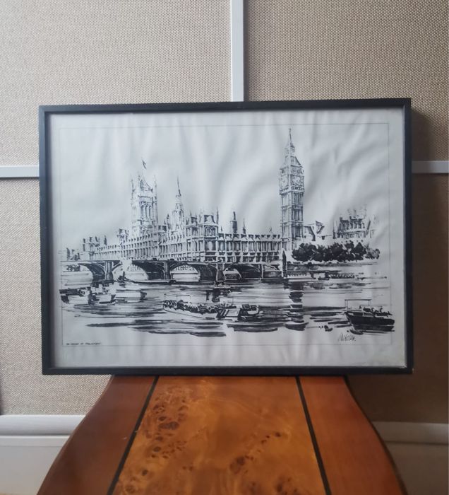 Антикварна картина в рамка и паспарту литография гравюра 38,5 х 52,5см