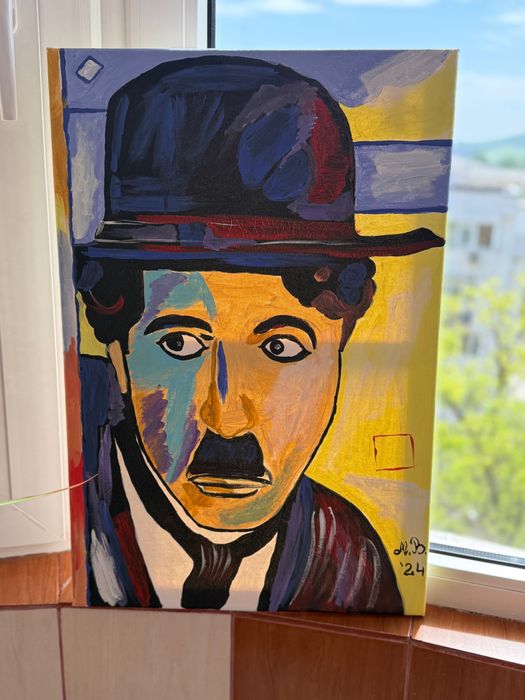 Tablou modern Charlie Chaplin pictat manual – acrilic pe panza