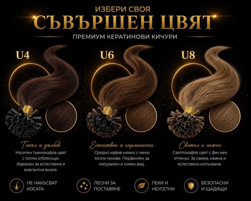 Перфектна дължина и обем с кератинови кичури от естествена коса.
