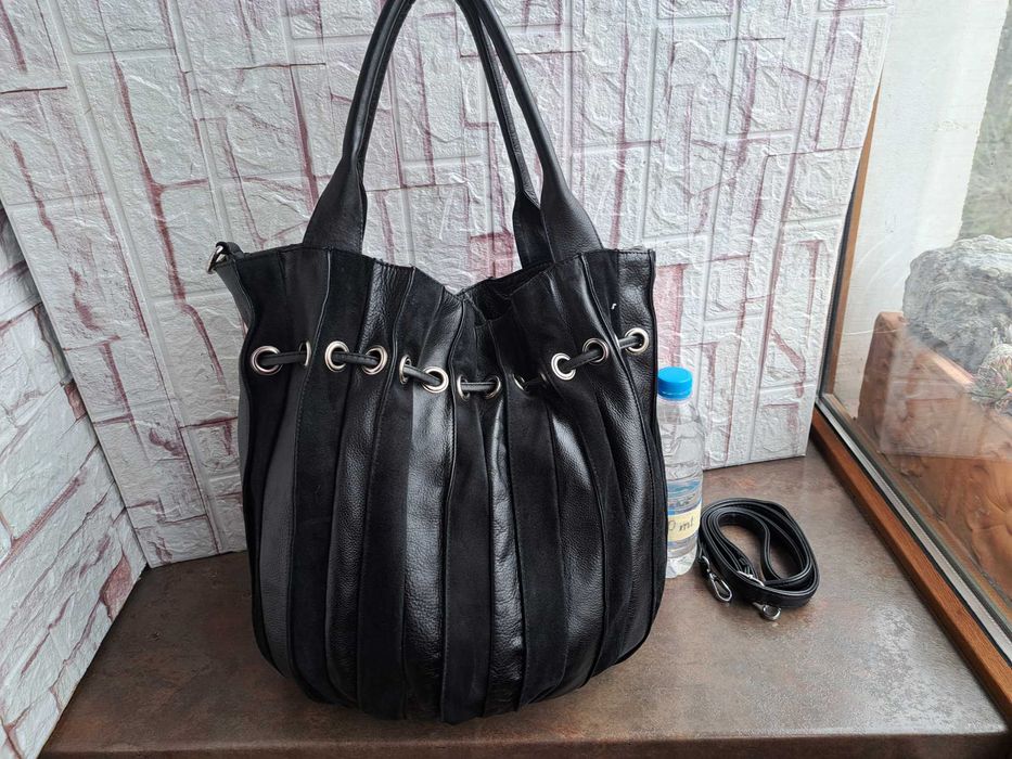 дамска чанта,черна голяма кожена торба-естествена кожа и велур