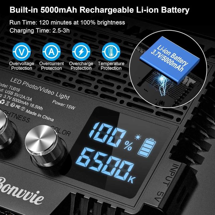 Bonvvie TU019 Димируема LED светлина и акумулаторна батерия