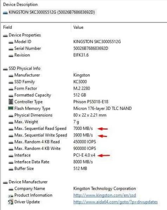 SSD накопитель 512 GB Kingston KC3000