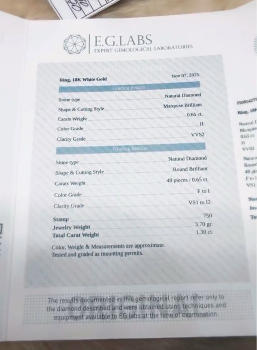 Markiza brily 0,65ca brilliant 1,3carat, 3,7gr, 19-razmer, 750proba