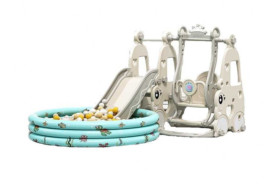 Spatiu de joaca Nichiduta Garden Happy Turtle Grey 3 in 1 cu tobogan, leagan , cos de baschet, mingie si piscina cu 200 bile joaca incluse