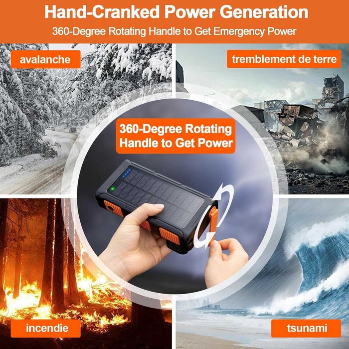 Baterie externă solară wireless 26800 mAh cu manivelă și 4 cabluri, încărcător solar Power Bank cu încărcare rapidă USB-C, 7 ieșiri și 4 intrări