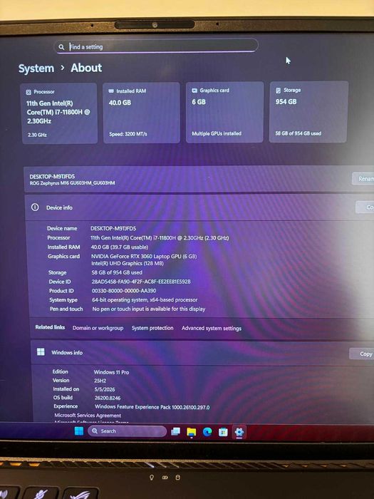 ASUS 16'' ROG Zephyrus M16 GU603HM - 40GB DDR4, 1TB SSD, GeForce RTX 3060 6GB, Display 16" 165Hz