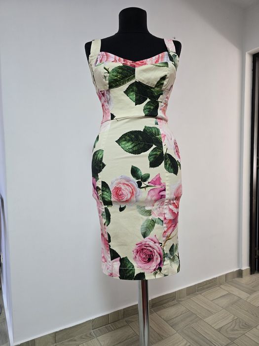 Rochie midi cu corset, model D&G, imprimeu trandafiri din bumbac