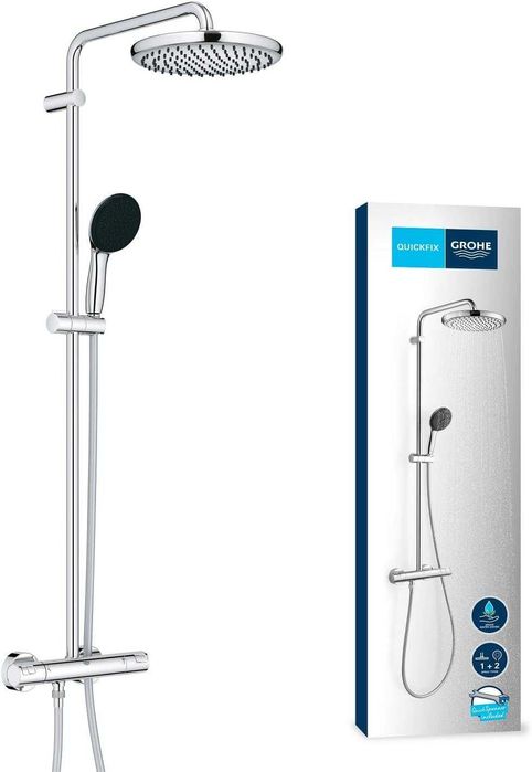 Grohe Vitalio Start System 250, Coloană de duș cu baterie termostatică, Duș Vitalio Start 110 2 jeturi, Flexibil 1,75 m, Crom 26677001