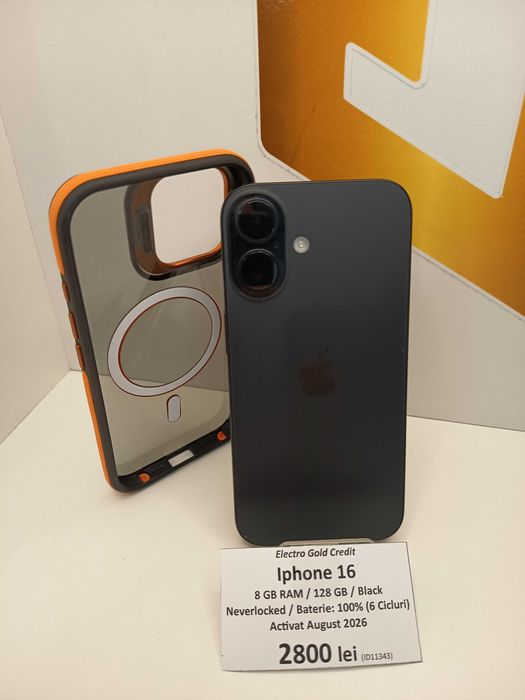 Iphone 16 128GB Black/Neverlocked/Bateria: 100% (6 Cicluri)/Garantie August 2027/Stare excelenta! ID11343