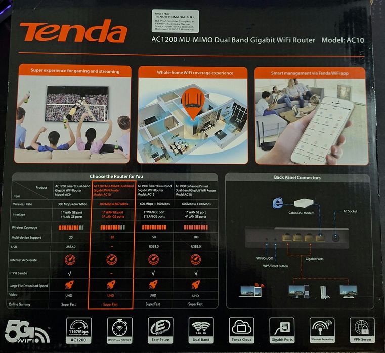 Router wireless Tenda AC10, Dual-Band Gigabit,4 antene