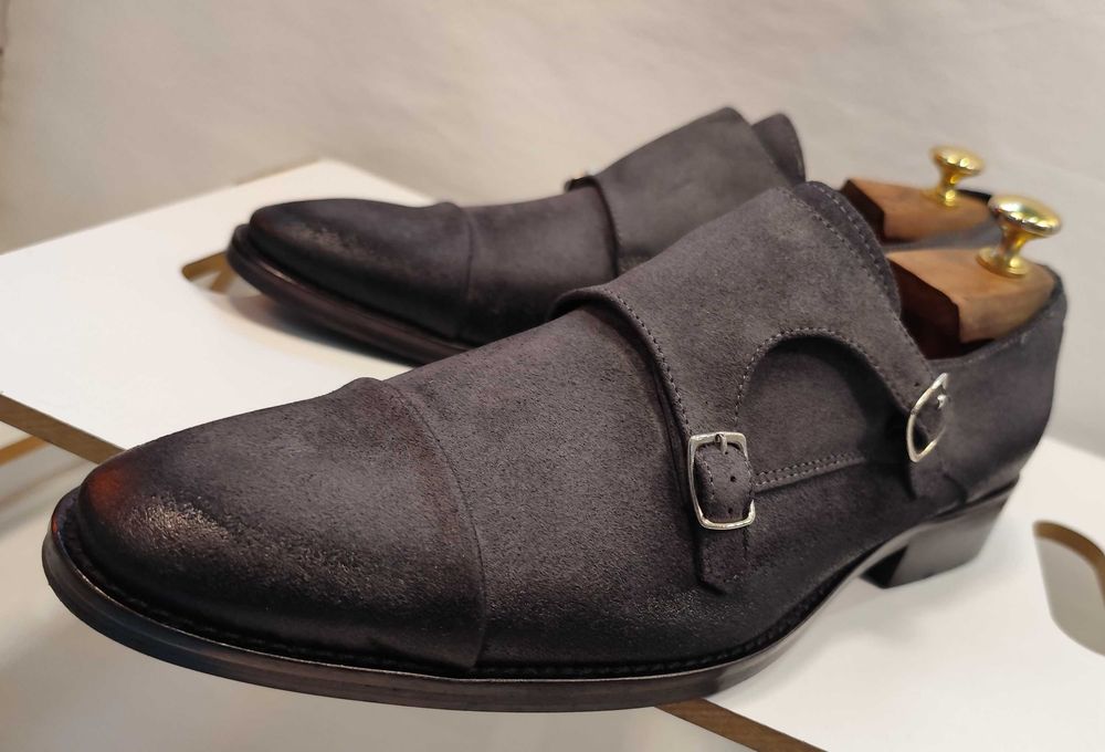 Pantofi double monk 42 42.5 de lux Lavoratione Artigianale NOI piele naturala suede gri