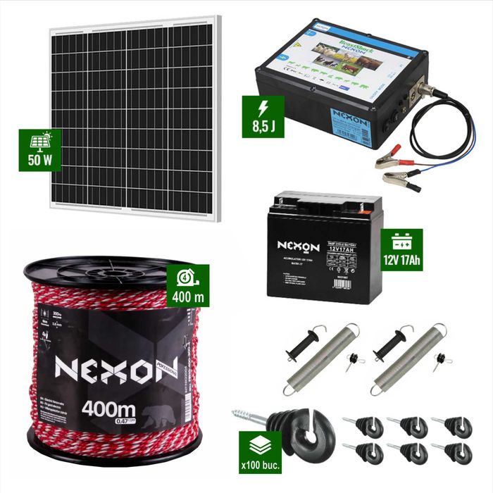 Pachet Gard electric 8,5J Panou Solar 400m frânghie rezistență 300KG