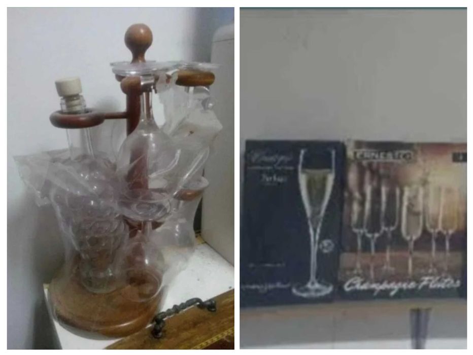 Set seturi pahare de vin sampanie cognac tarie tuica palinca 2 bucati 4 bucati 6 bucati si Rastel din lemn ornamental 6 pahare tarie si sticla cu dop