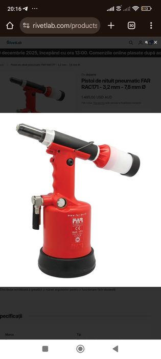 Vând pistol pneumatic p istolul de nituire pneumatică FAR RAC171 de ca