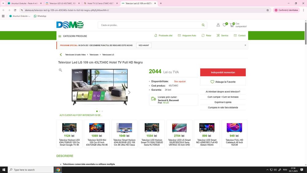 TV LED LG FullHD 108 cm  + suport perete + Chromecast / garantie