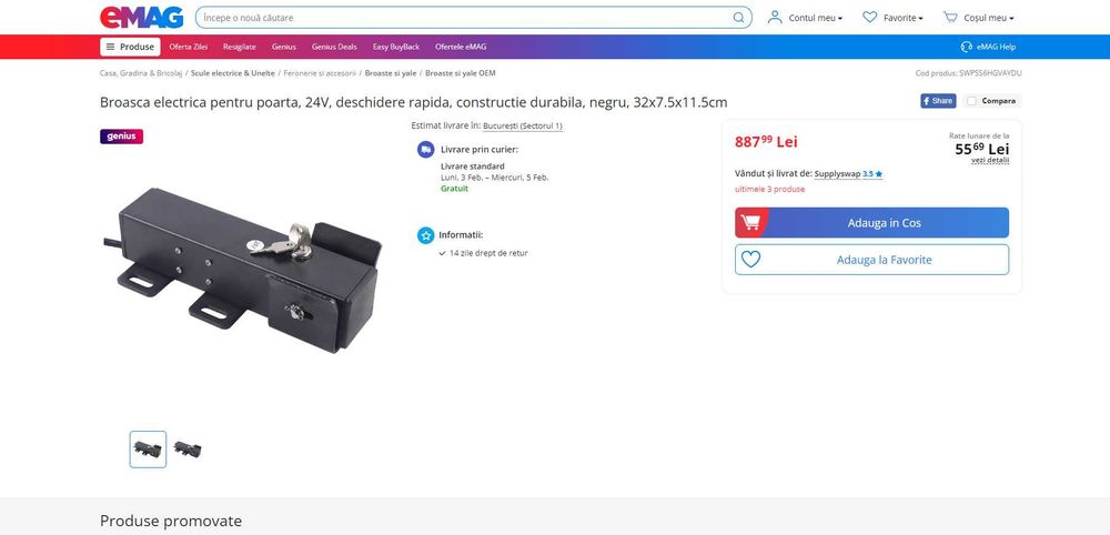 REDUS de la 890RON, Incuietaore electromagnetica cu autoinchidere pt porti/usi Batante dimensiuni mari-medii la 24V + cheie siguranta