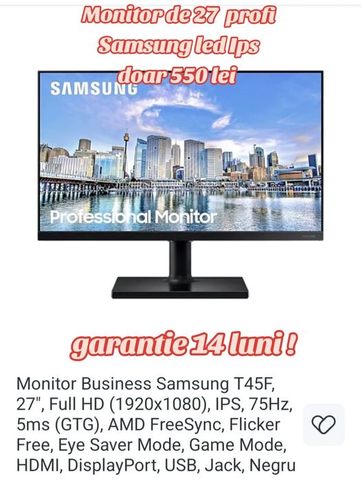 clasa profi TFT de 27"  Samsung S27A400 uju / T27F45- rezolutie Full HD-  Like NEW