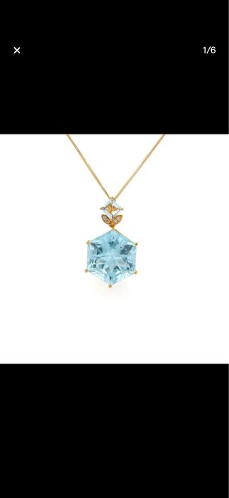 Pandantiv Aur Galben 14K cu Topaz Sculptat 9.13 ct, Acvamarin & Diamante – Certificat IGI – Nou