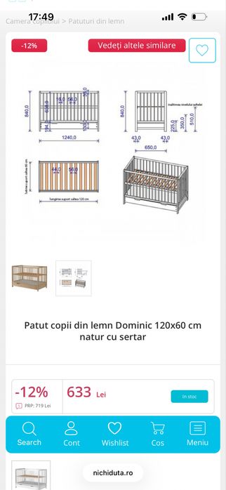 Patut bebe din lemn cu ladita de depozitare si saltea cu husa detasabila si husa de protectie de