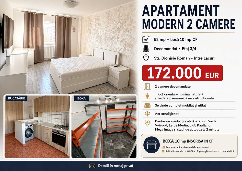 Apartament modern 2 camere, decomandat 52 mp + boxa inclusa in pret 10 mp CF, Intre Lacuri