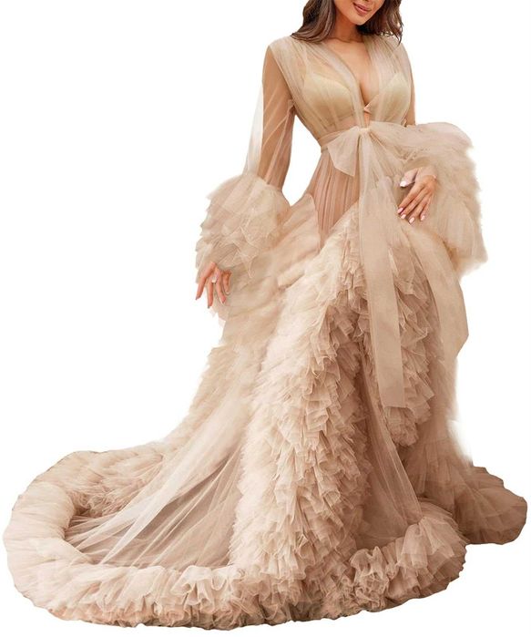 Rochie maternitate din tul, tip kimono, culoare nud, L