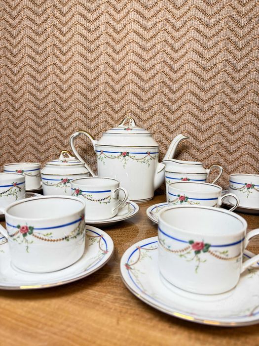 Set ceai porțelan Bavaria, 12 persoane, decor floral și margini aurii