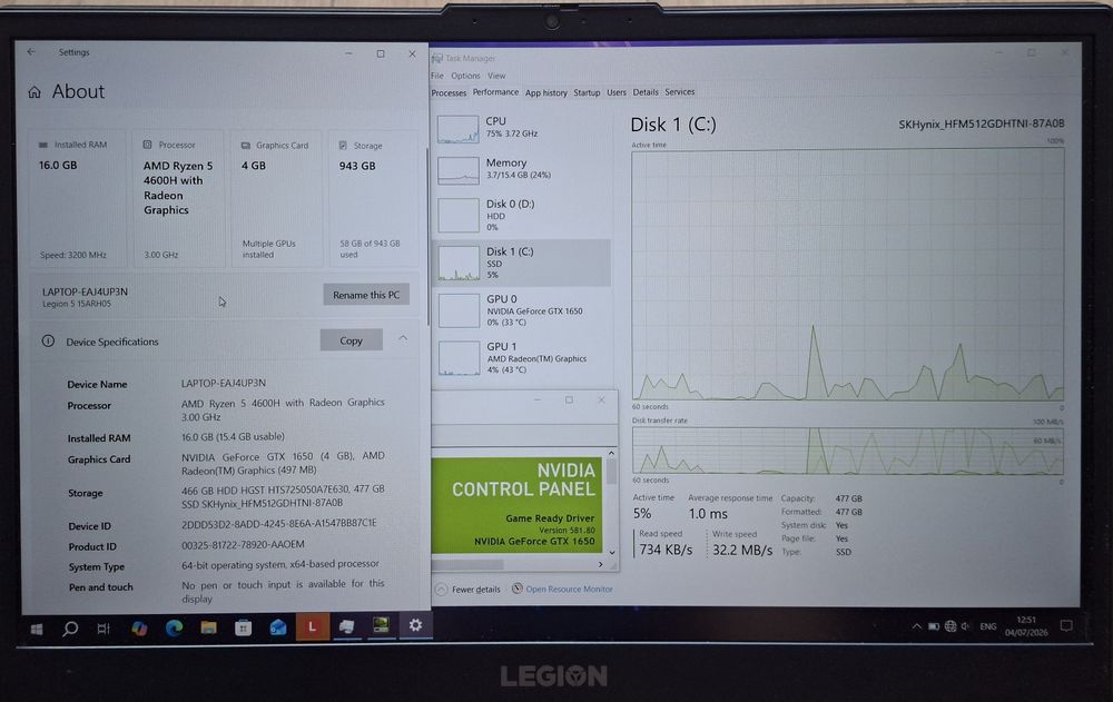15.6' 120Hz IPS Lenovo Legion Ryzen 5 4600H/GTX 1650 4GB/16GB/512GB SSD+500GB