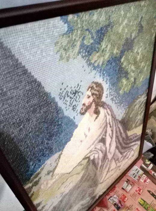 Стар РЪЧНО УШИТ ГОБЛЕН 49/37см Иисус в Гетсиманската градина