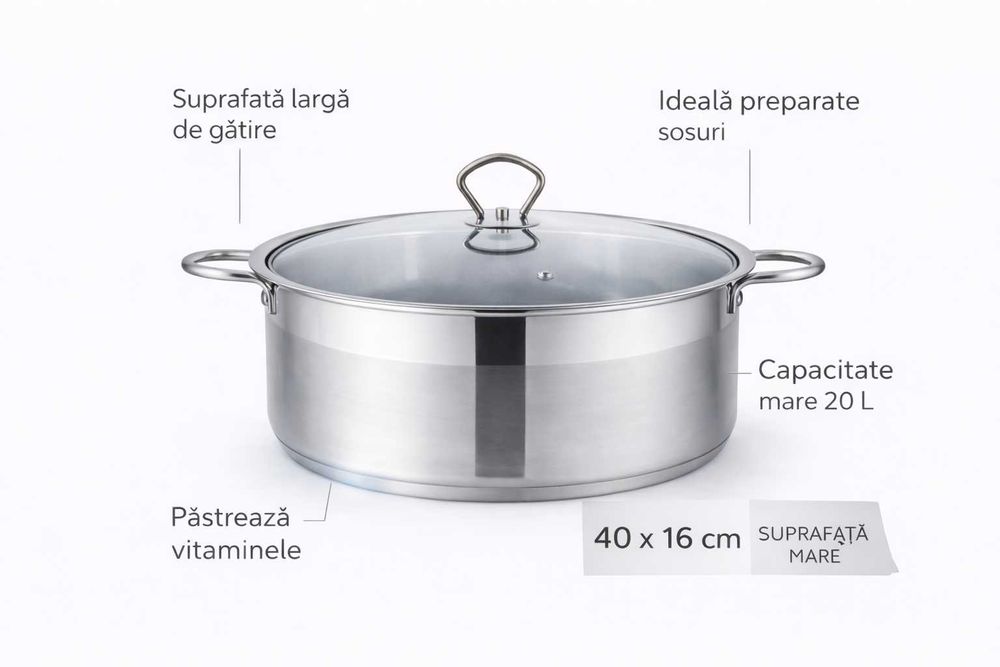 Oala inox joasa cu capac sticla Royalty Line 40 x 16 cm