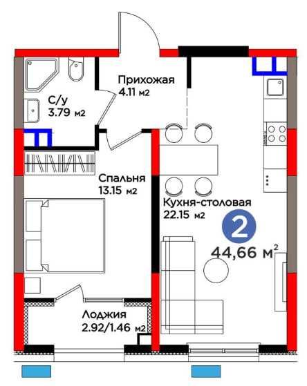 Метро Яшнабад КОМФОРТ 2Комнатная 45,96м²|  =П\в 15 320 $  (S)