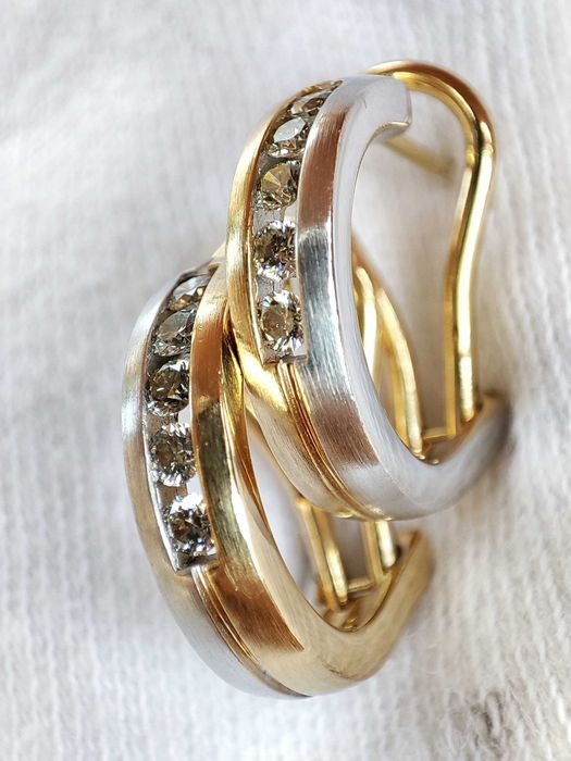 Cercei aur galben alb 14k Bicolor Half Creole Omega cu Diamant Briliant diamante briliante Certificat aur diamante ARTMAX
