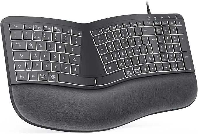 Ергономична , осветена, кабелна клавиатура с поставка за китката