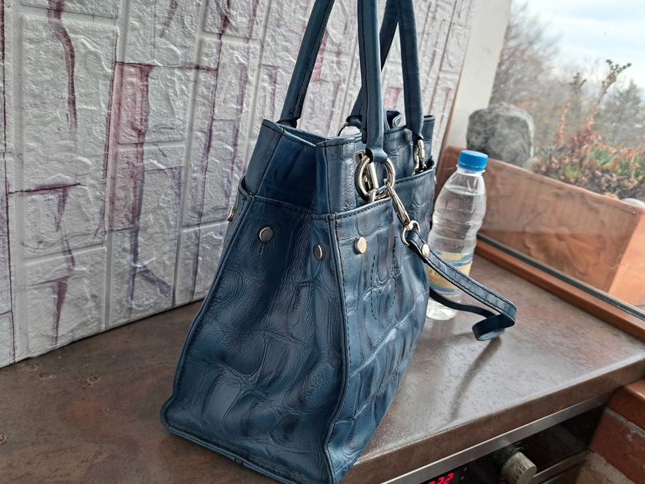 дамска чанта,кожена синя чанта-естествена кожа