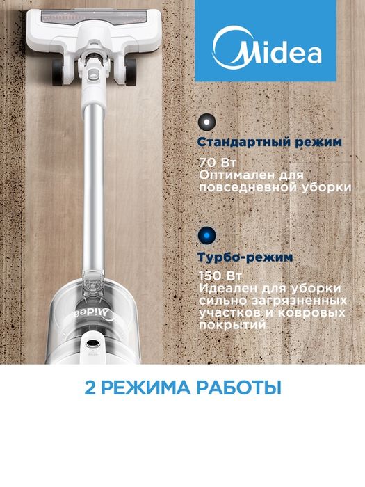 Беспроводной вертикальный пылесос Midea VSS1800, 3 насадки, стойка для