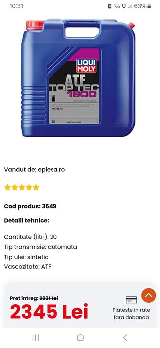 Vând ulei cutie automata nou sigilat liqui moly top tec 1900 atf 20 l