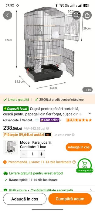 Vand colivie pentru papagali cu papagal inclus