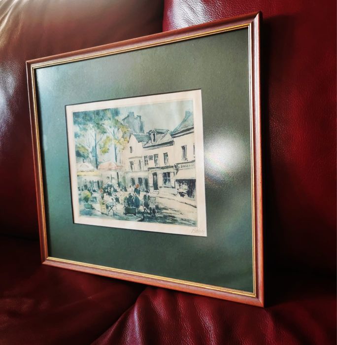 Картина френско изкуство офорт градски пейзаж Париж подпис Марсел Баро