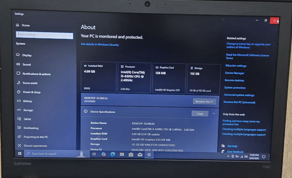Laptop Lenovo T560 i5 6300U 4gb RAM SSD
