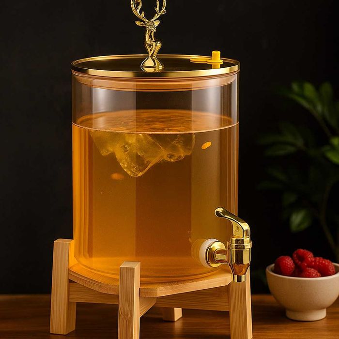 Голям диспенсър за напитки 8L с дървена стойка и златист кран