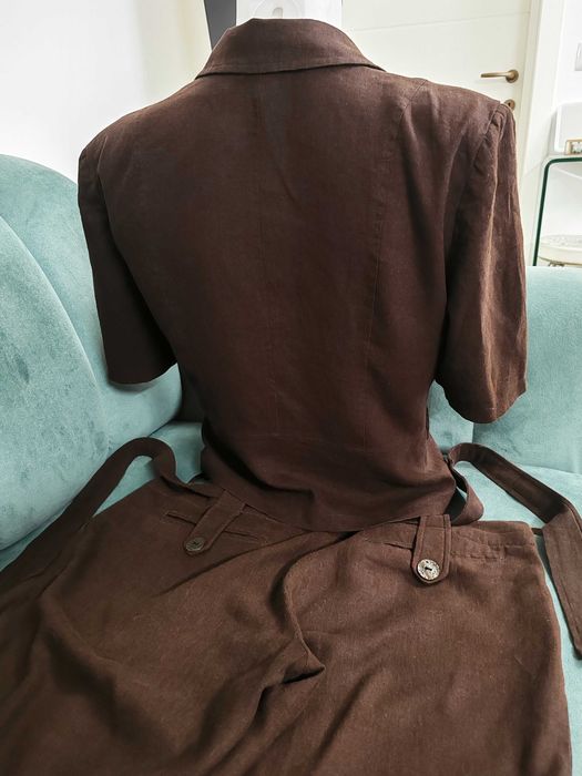 Set compleu (co-ord) culoare maro ciocolatiu, din in - jachetă și pantaloni - Politex, Mărimea 44